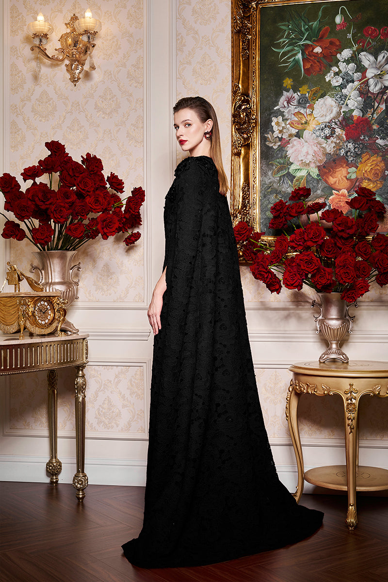 Round Neckline Sleeveless Column Gown With Long Lace Cape