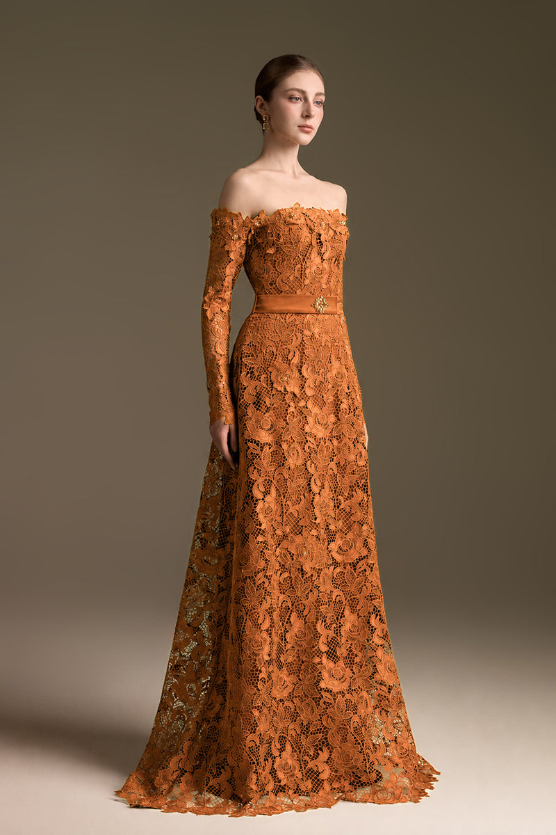 Orange Long Sleeves Off-Shoulder A-Line Gown
