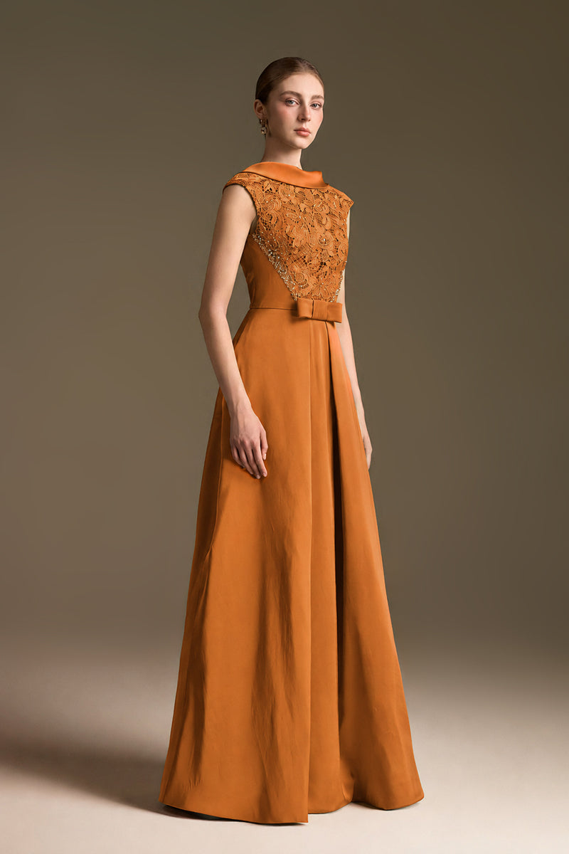 A-Line Dress With De-Constructed Collar In Agate Silk And Guipure Lace
