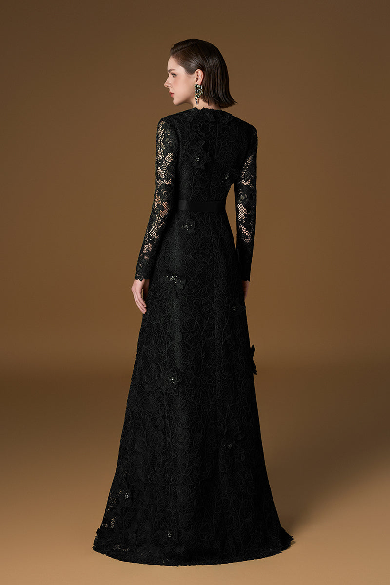 V Neck A-line Gown With Long Sleeves In Green Guipure Lace
