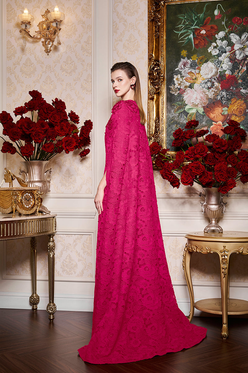 Round Neckline Sleeveless Column Gown With Long Lace Cape