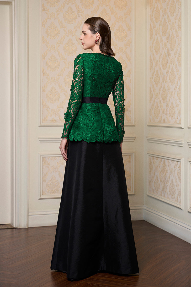 Queen Ann Neck A-Line Gown In Dark Green French Lace & Black Taffeta