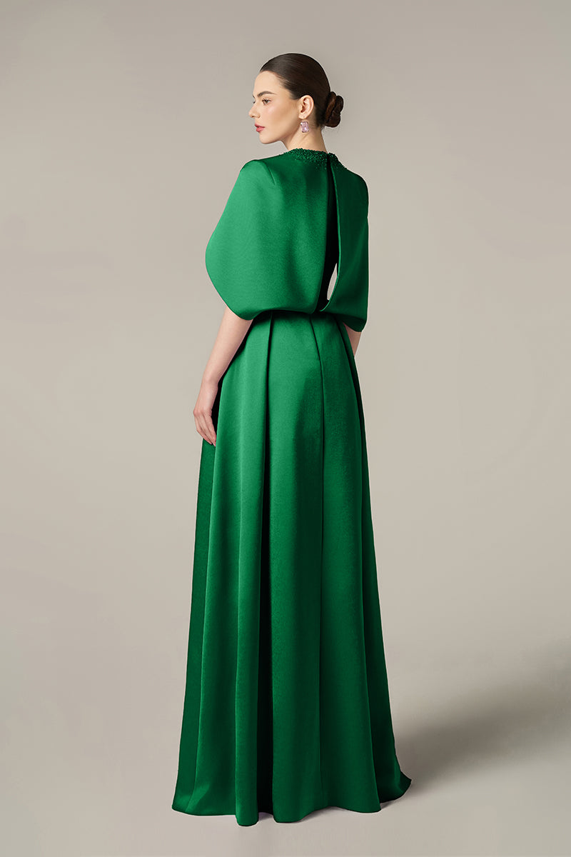 ROUND NECK A-LINE GOWN WITH CIRCULAR CUT MINI CAPE