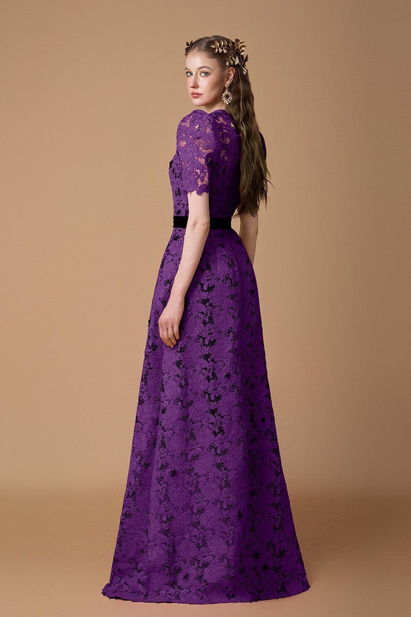 Trapeze Neck A-line Gown With Short Sleeves In Pink Guipure Lace