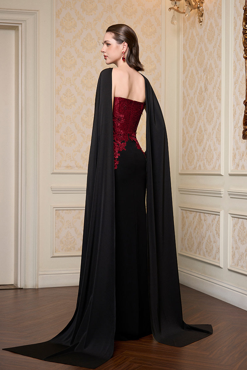 Strapless Column Gown With Long Cape In Dark Red French Lace & Black Crepe