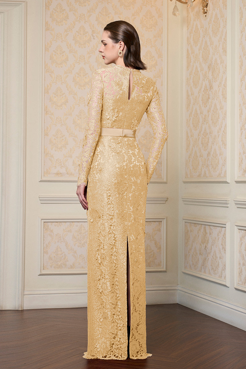 Trapeze Neck Column Gown With Long Sleeves In Beige French Lace