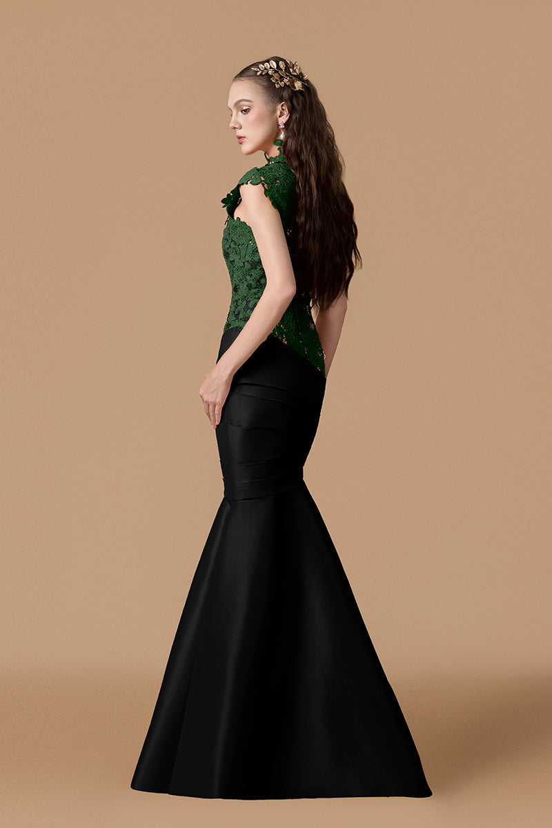 Round Neck Mermaid Gown With Pink Guipure Lace and Ivory Taffeta