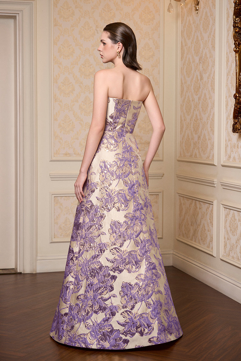 Strapless A-line Gown With Draped Details In Light Purple Jacquard