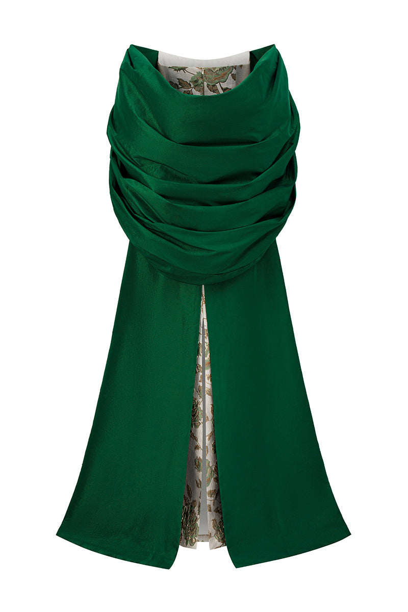 Bustier Column Gown With Draped Off-Shoulder Details In Green Rose Branch Brocade & Taffeta