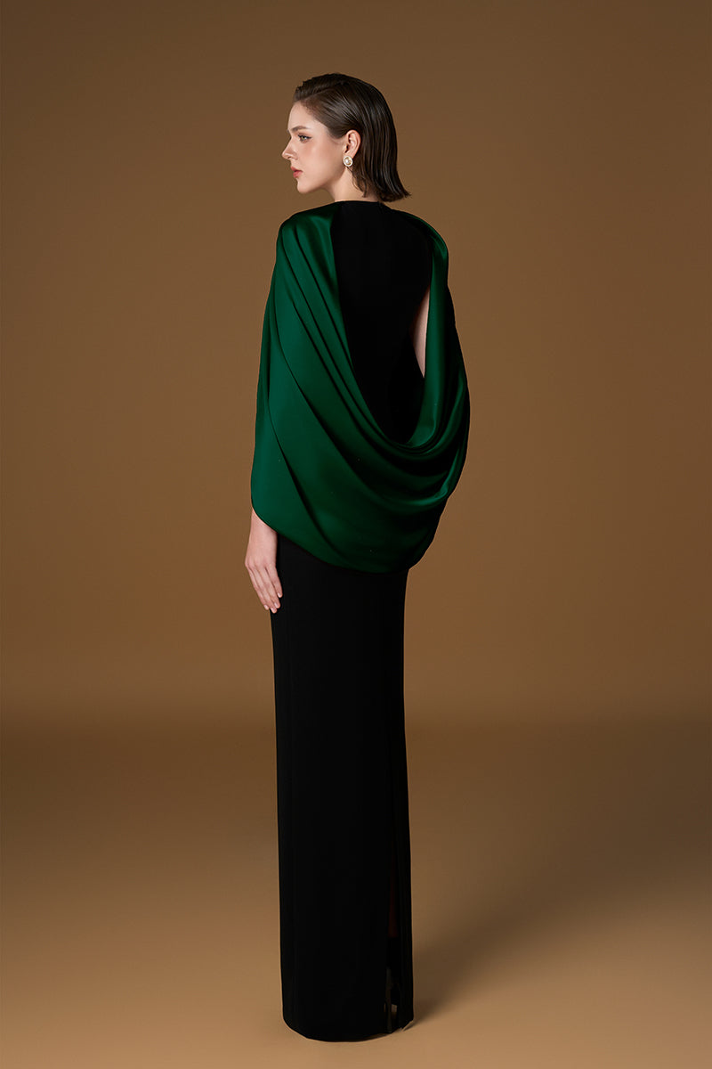 Round Neck Column Gown With Cape Sleeves In Black Crepe & Ivory Silk