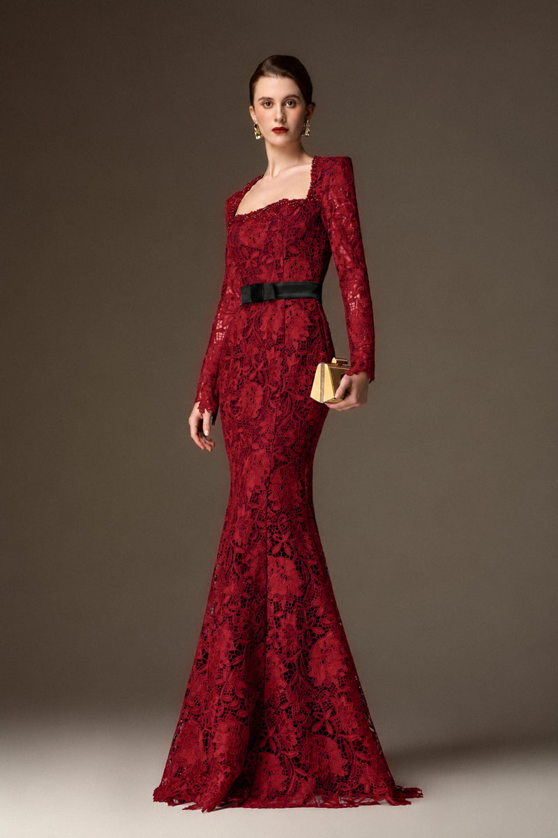 Trapeze Neck Mermaid Gown With Waist Belt In Cocoa Dark Red Lily Floral Lace