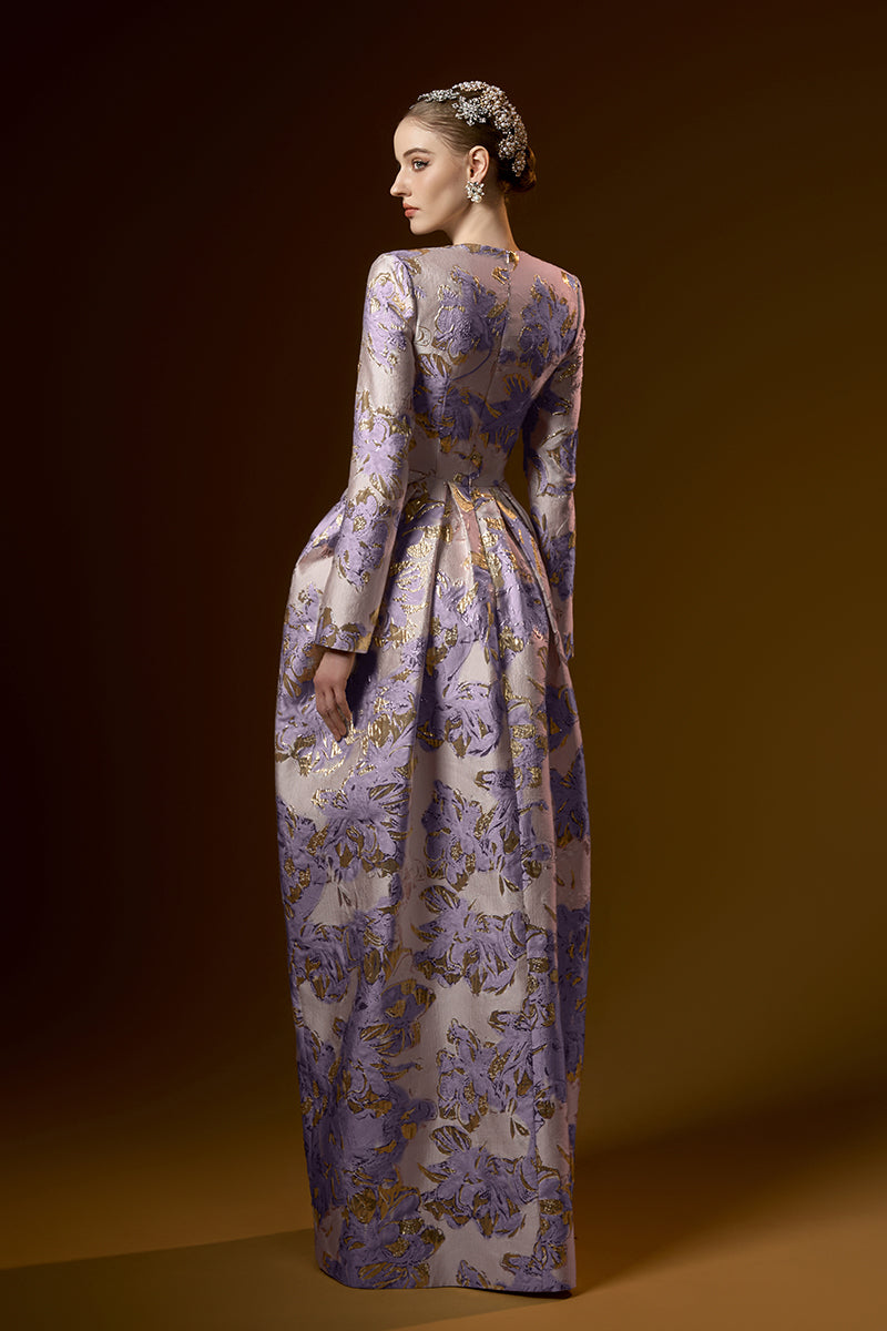 Trapeze Neck Ballgown With Long Sleeves In Jacquard