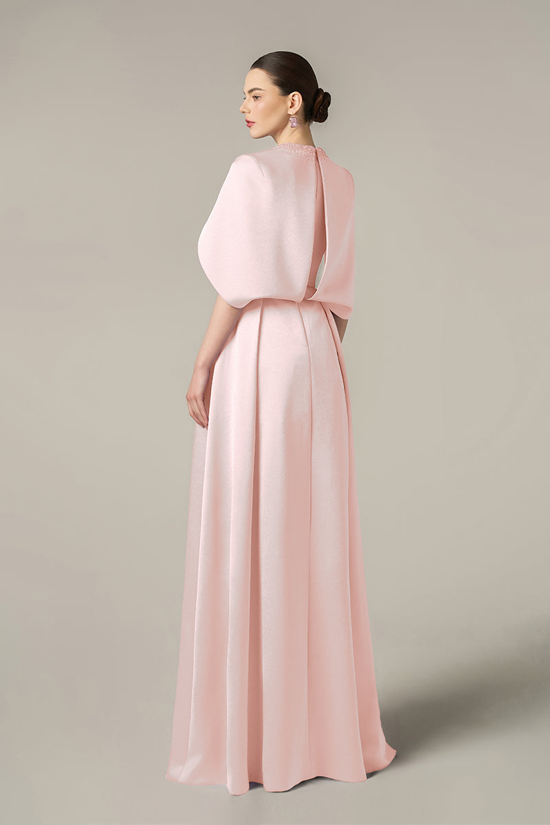 Round Neck A-Line Gown With Circular Cut Mini Cape