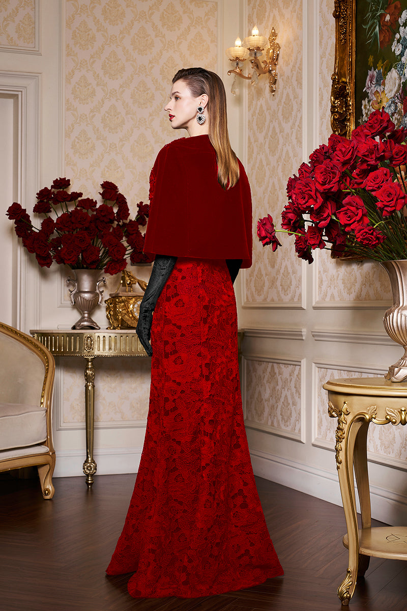 Princess Line Strapless Black Lace and Velvet Dress with Cape