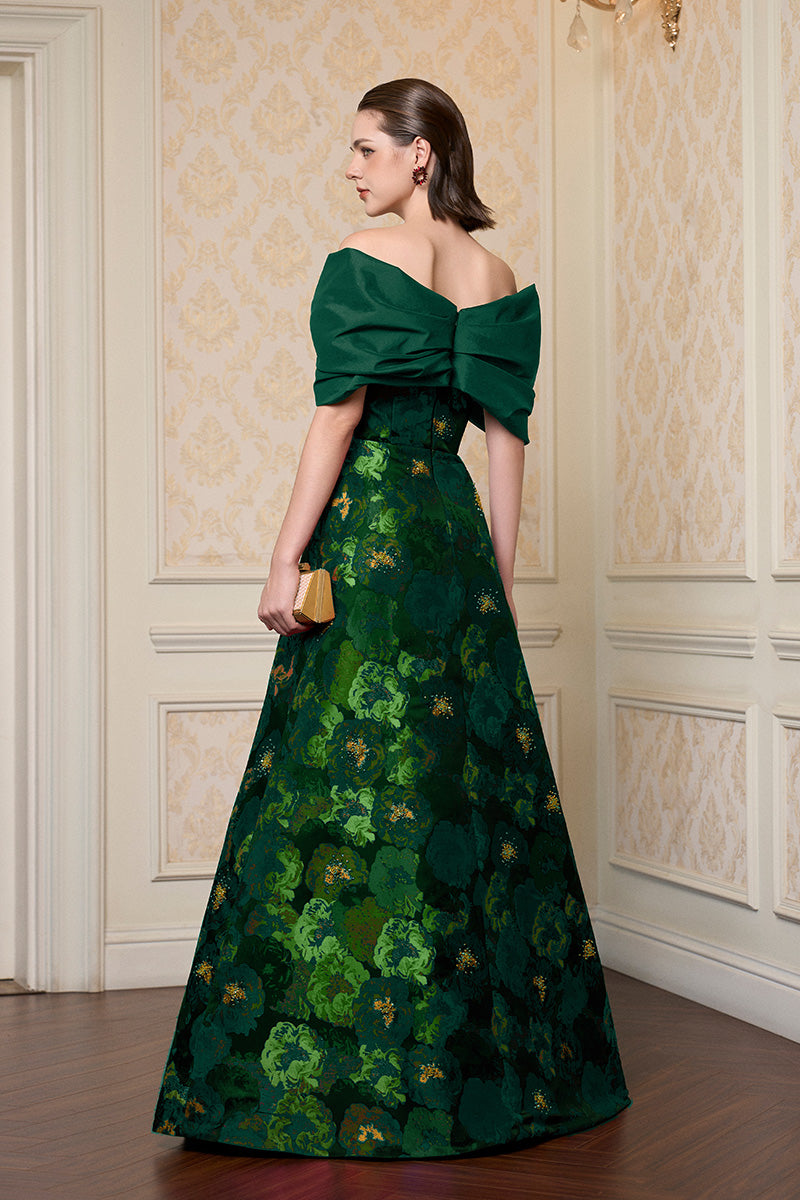 Strapless A-line Gown With Bust Bow In Black Taffeta & Dark Green Floral Jacquard