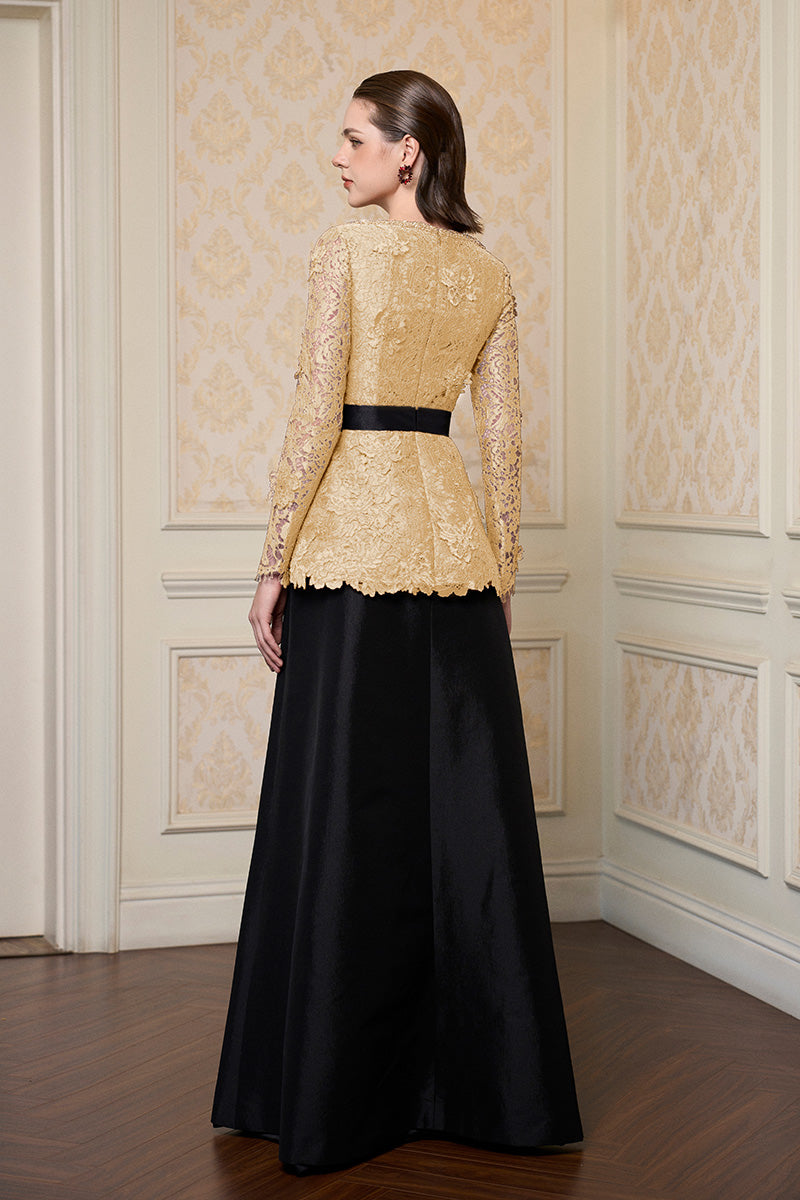 Queen Ann Neck A-Line Gown In Beige French Lace & Black Taffeta