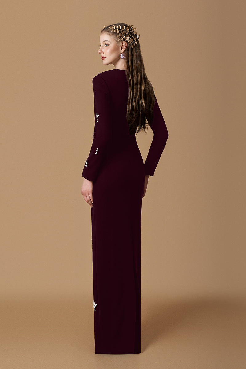Trapeze Neck Column Gown With Long Sleeves In Black Crepe & Pink Stones