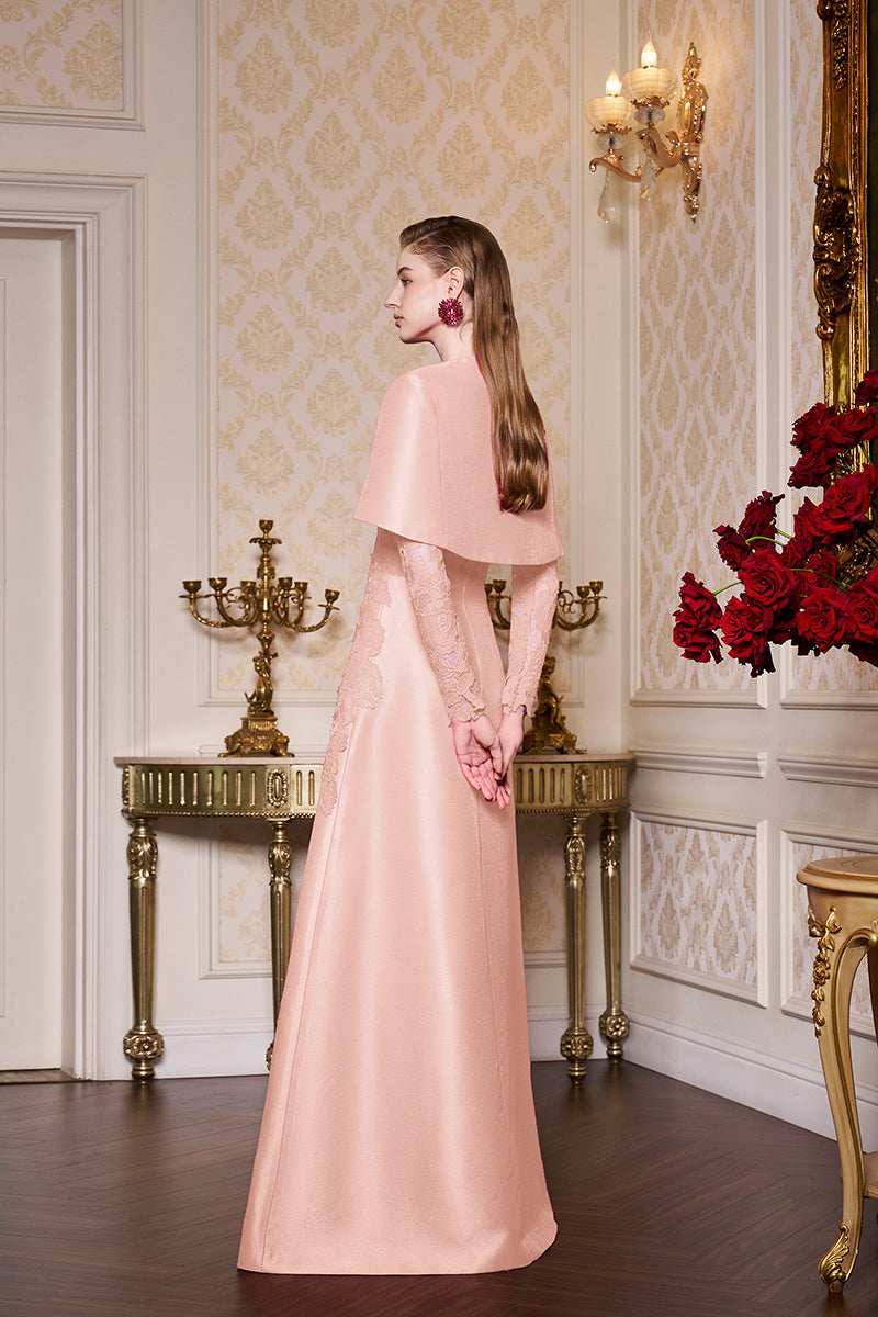 Fuchsia Lace and Taffeta Gown With Mini Cape