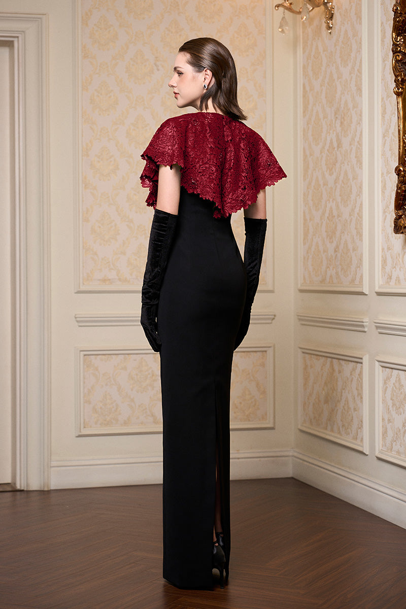 Round Neck Column Gown With Mini Cape In Dark Red French Lace & Black Crepe