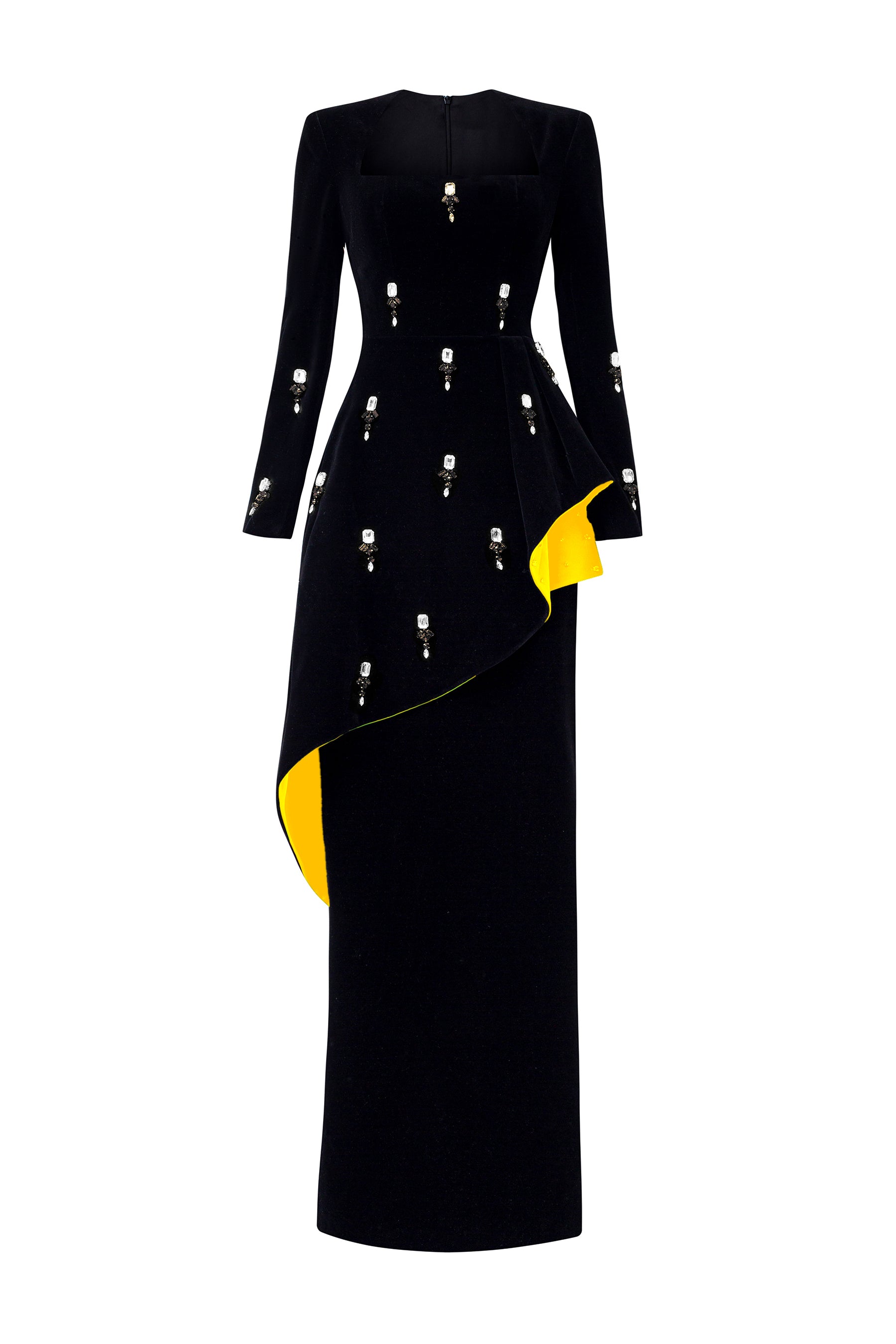 Queen Anne Neckline and Draped Waist Black Velvet Gown