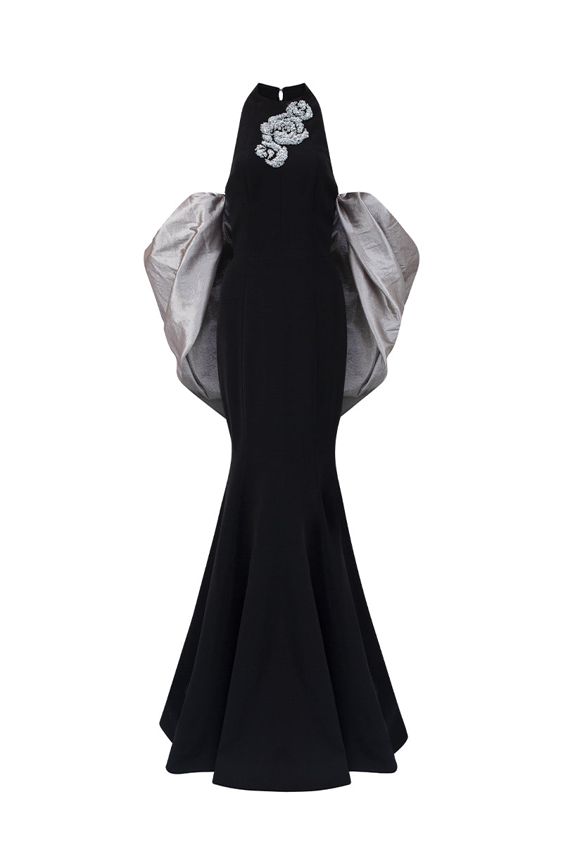 Round Neck Mermaid Gown With Draped Back Train In Black Crepe And Grey Taffeta