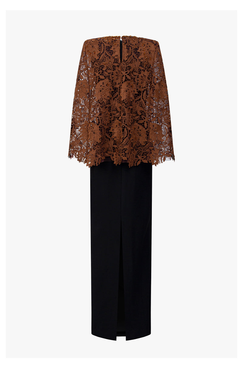 Round Neck Column Gown With Cape In Black Crepe And Cocoa Brown Lily Floral Lace