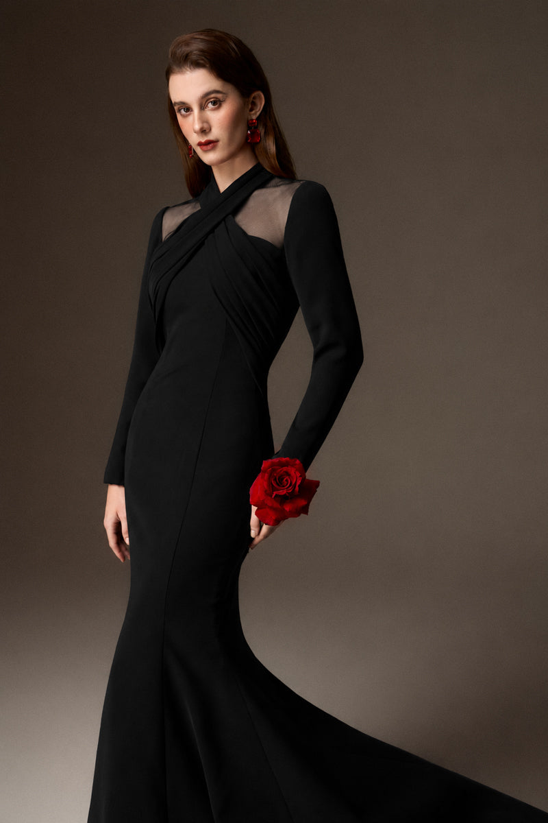 Round Neck Mermaid Gown With Draped Details In Black Crepe