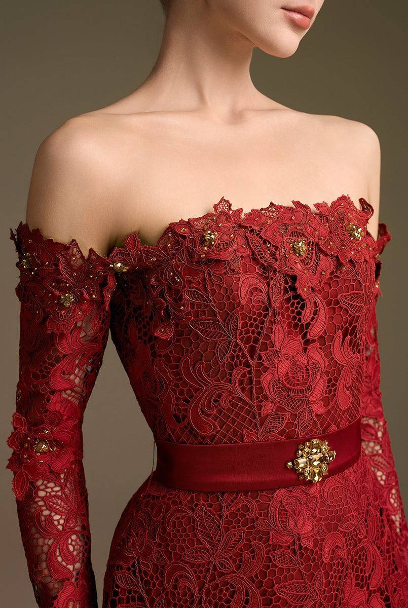 Red Long Sleeves Off-Shoulder A-Line Gown