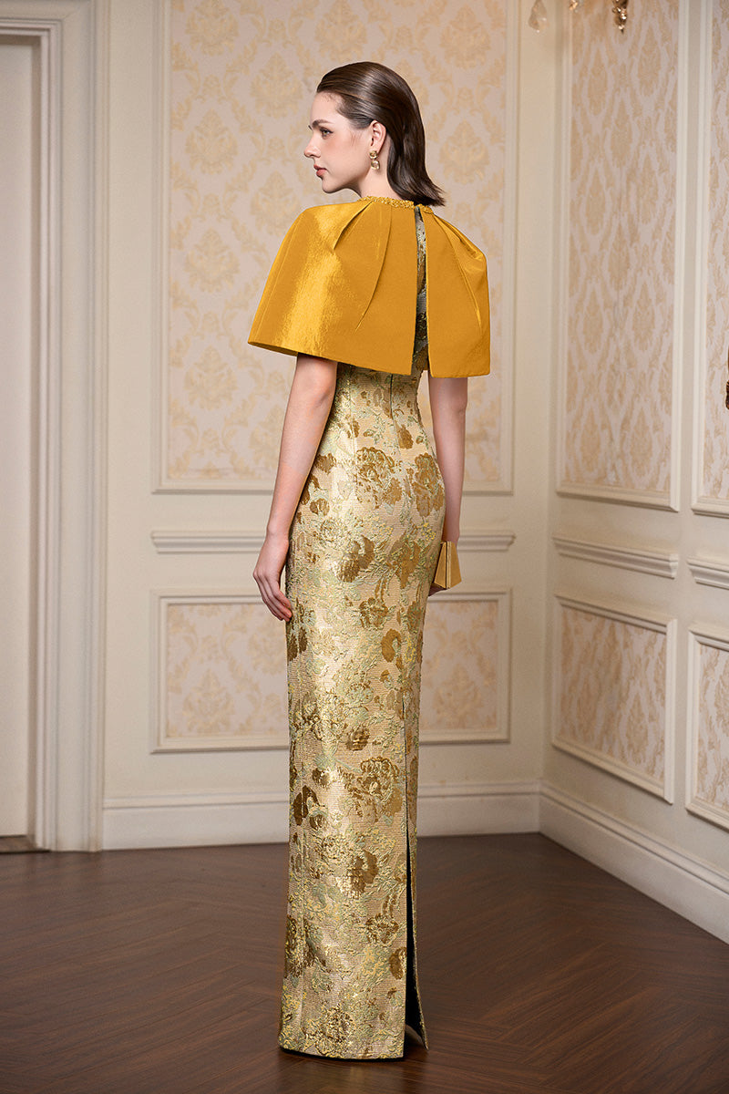 Round Neck Column Gown With Mini Cape In Dark Gold Floral Metallic Jacquard & Taffeta