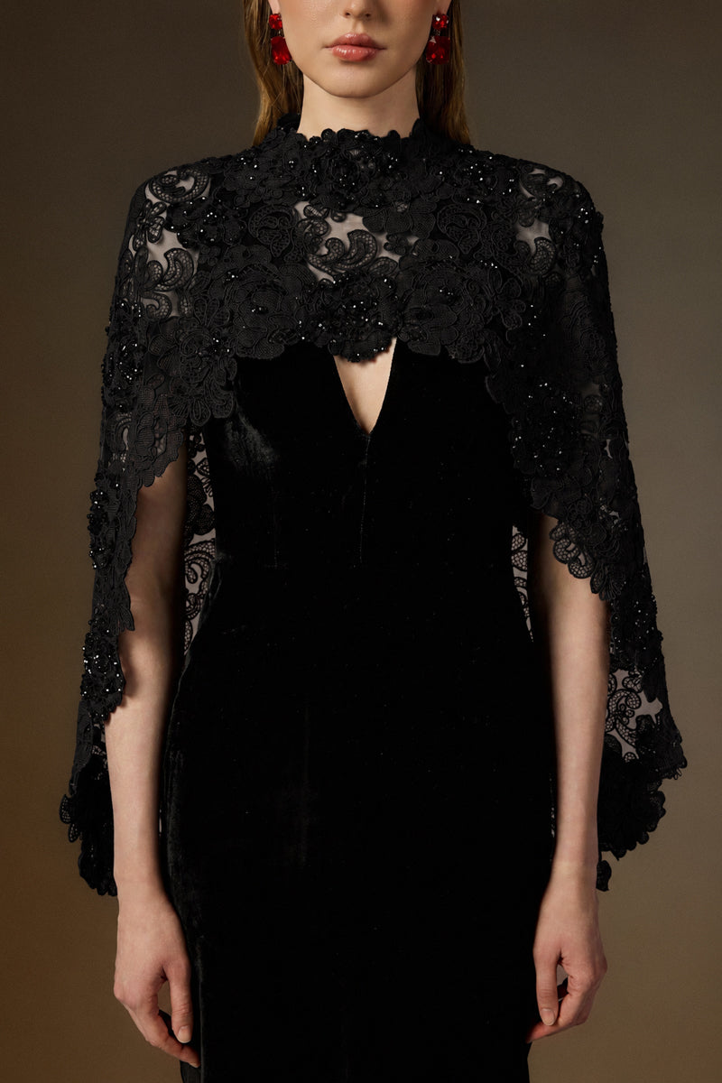 V Neck Column Gown With Mullet Cape In Black Velvet An Black Floral Garden Mesh Lace
