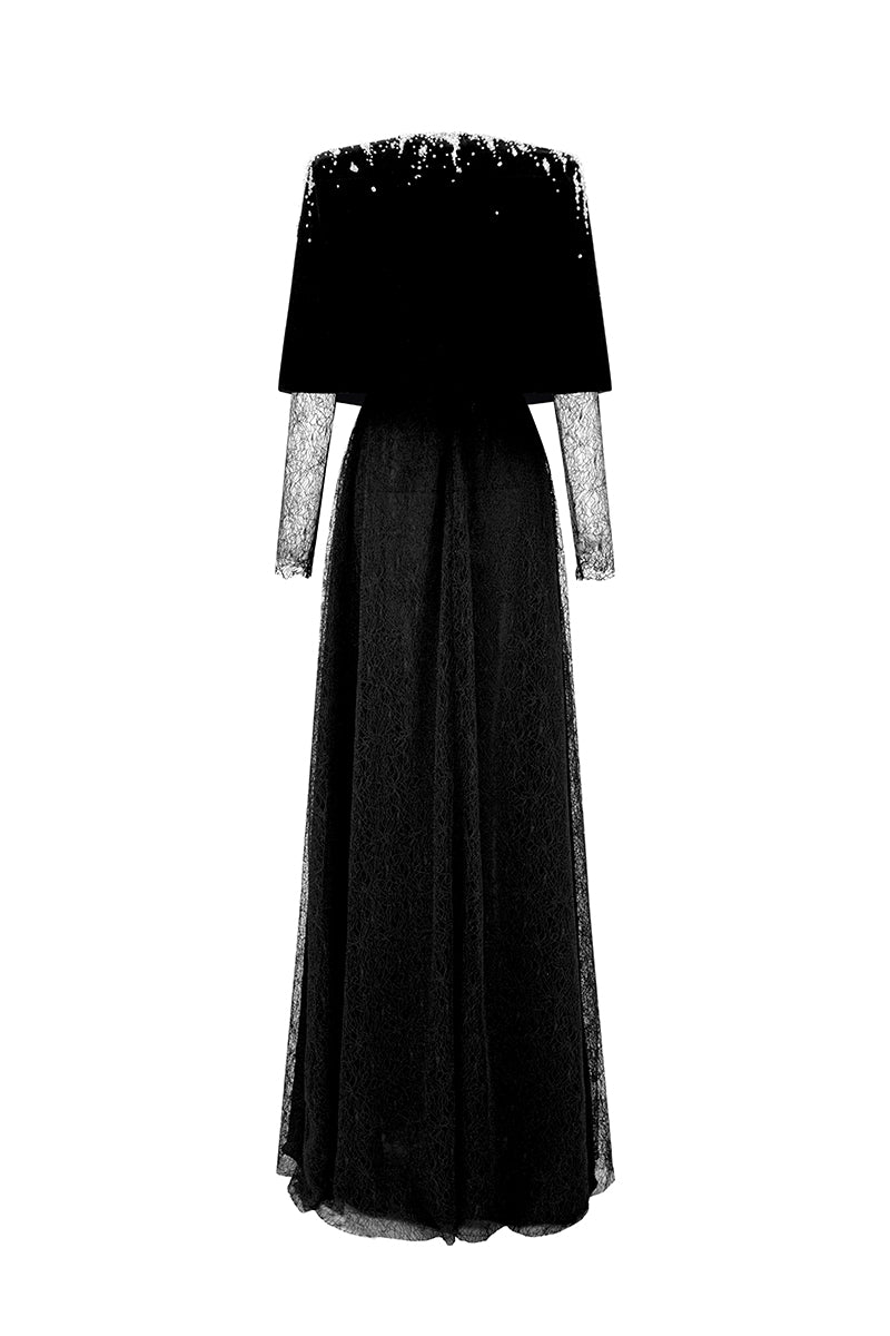 Round Neck A-Line Gown With Mini Cape In Black Vine Guipure Lace & Lyon Velvet