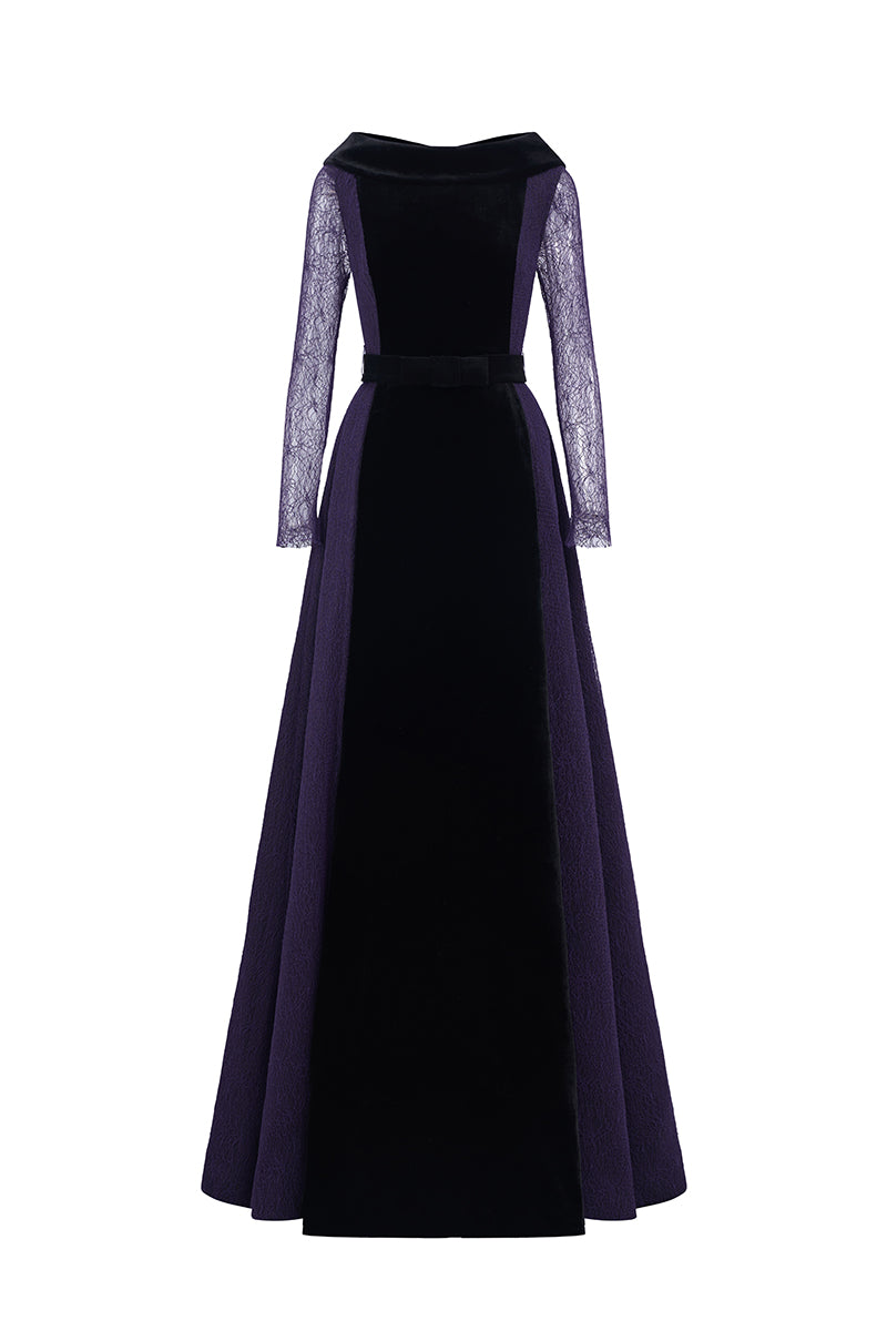 Round Neck A-Line Gown With De-Constructed Collar In Black Velvet And Purple Vine Guipure Lace