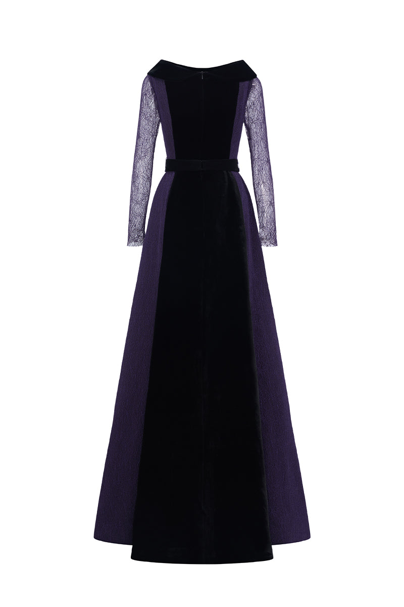 Round Neck A-Line Gown With De-Constructed Collar In Black Velvet And Purple Vine Guipure Lace