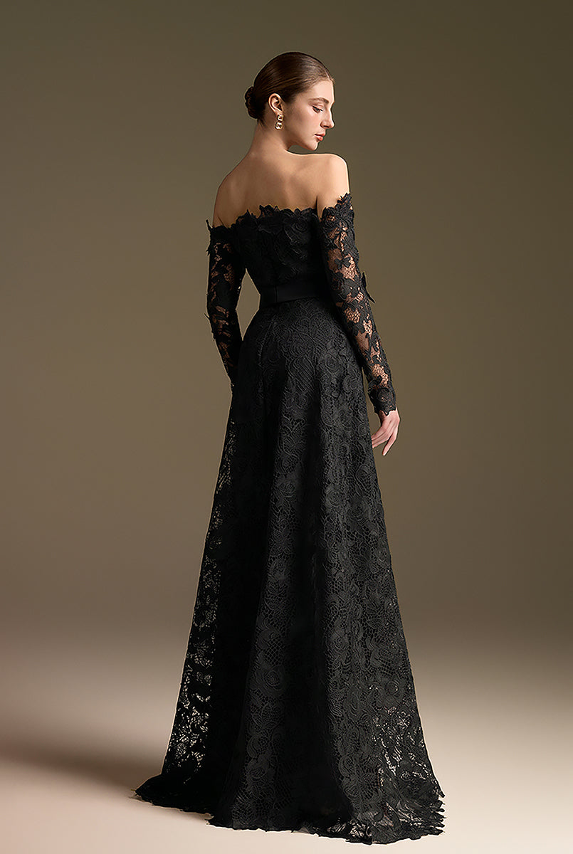 Black Long Sleeves Off-Shoulder A-Line Gown