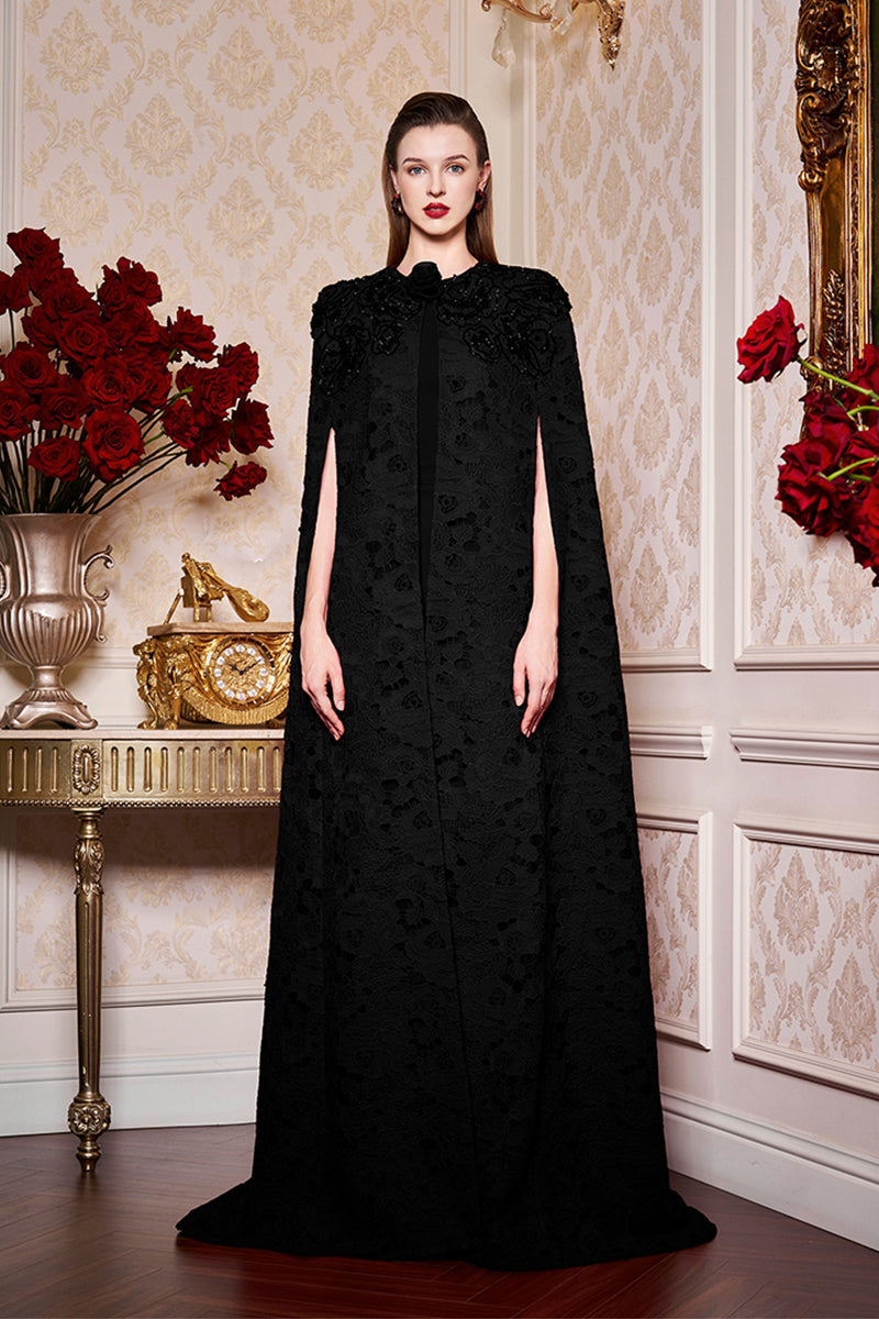 Round Neckline Sleeveless Column Gown With Long Lace Cape