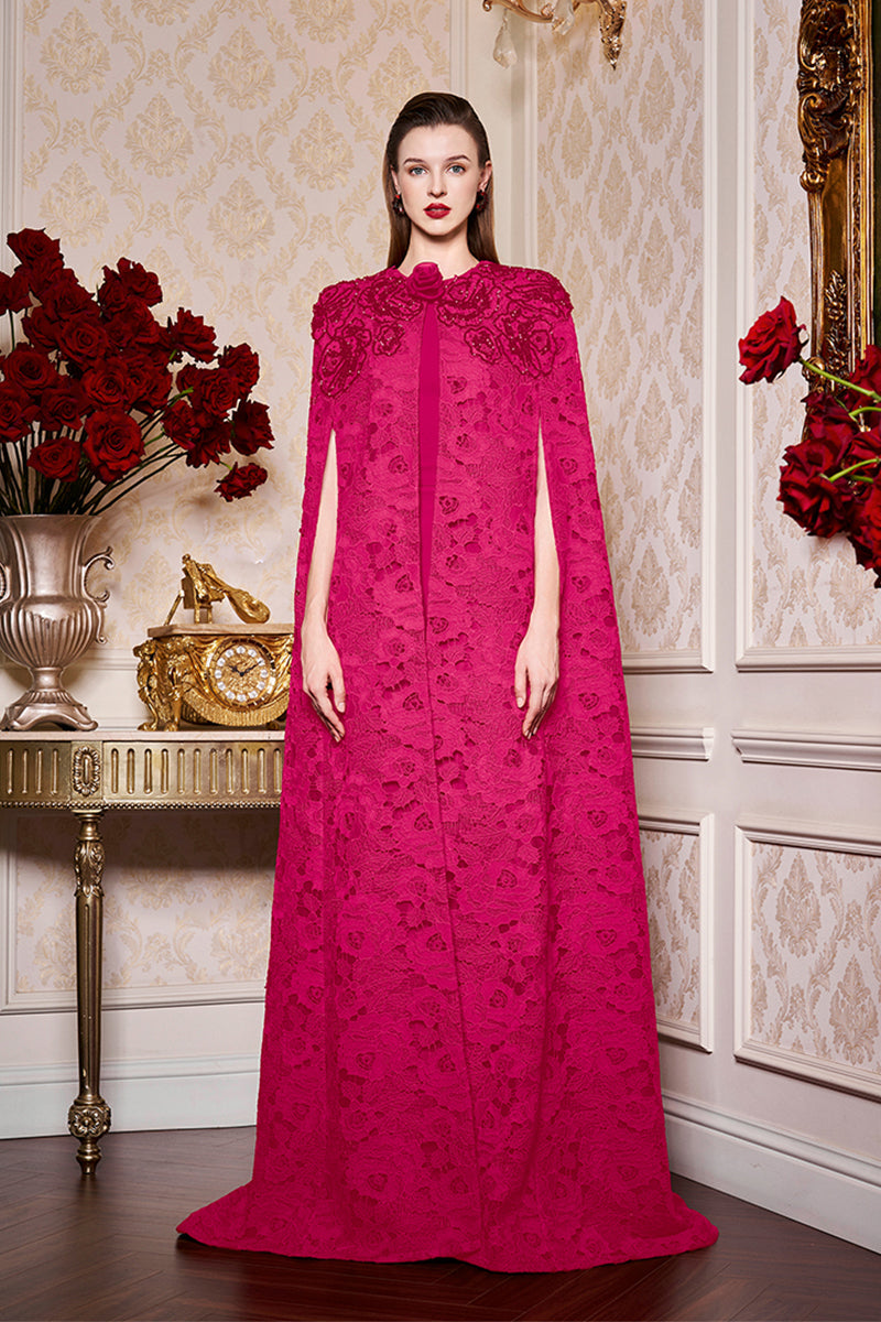 Round Neckline Sleeveless Column Gown With Long Lace Cape