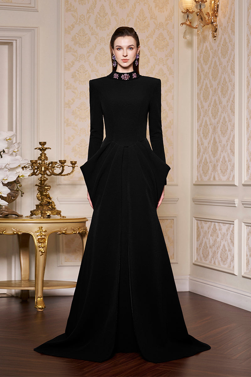 De-Constructed Collar With Draped Waist Scuba Gown