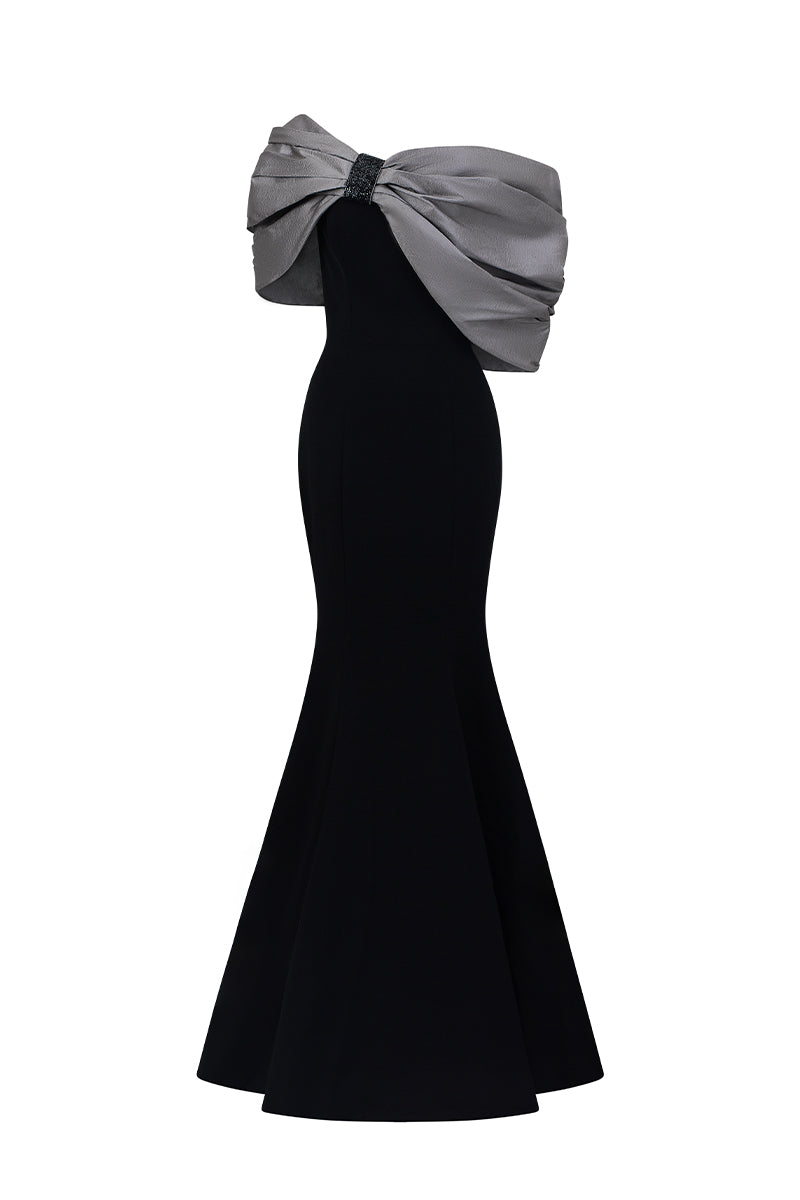 One Shoulder Mermaid Gown With Bust Bow In Black Crepe And Grey Taffeta