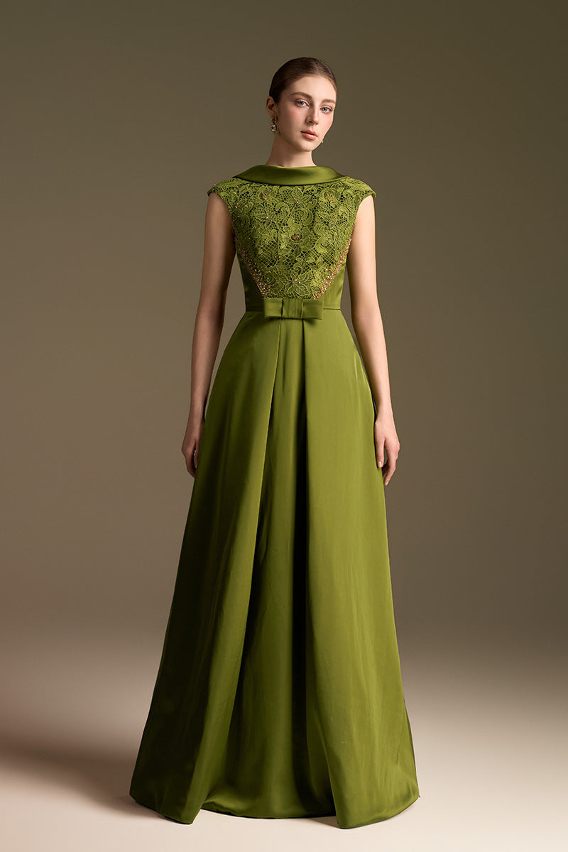 A-Line Dress With De-Constructed Collar In Agate Silk And Guipure Lace
