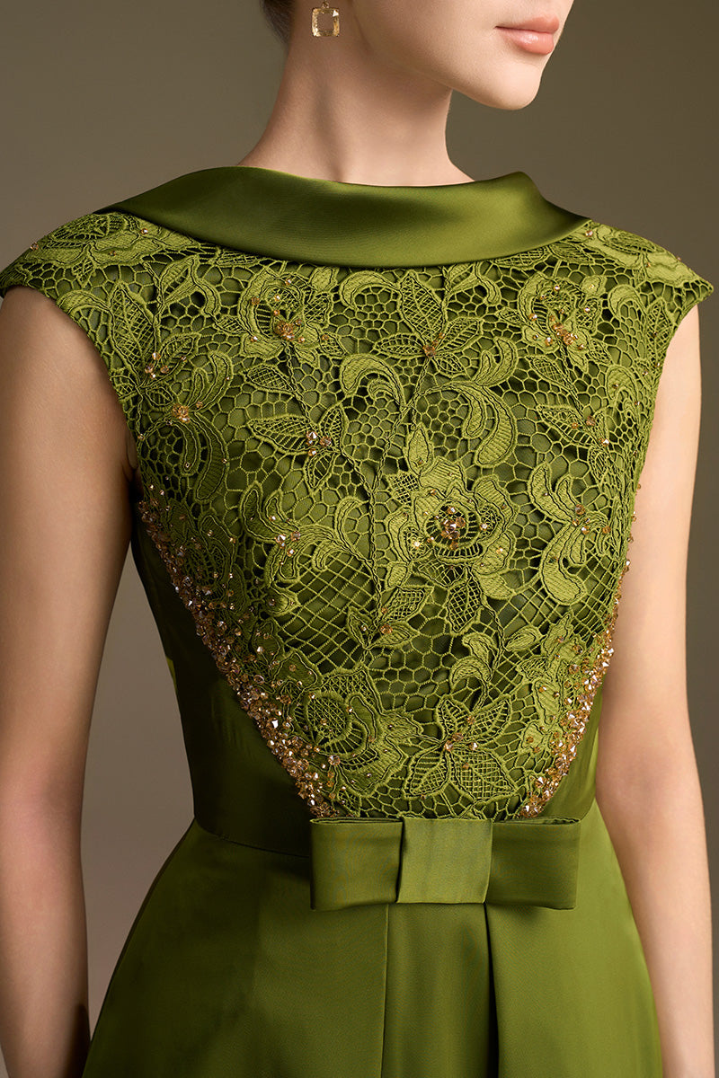 A-Line Dress With De-Constructed Collar In Agate Silk And Guipure Lace