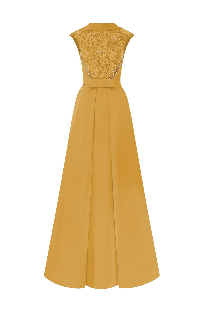 A-Line Dress With De-Constructed Collar In Agate Silk And Guipure Lace
