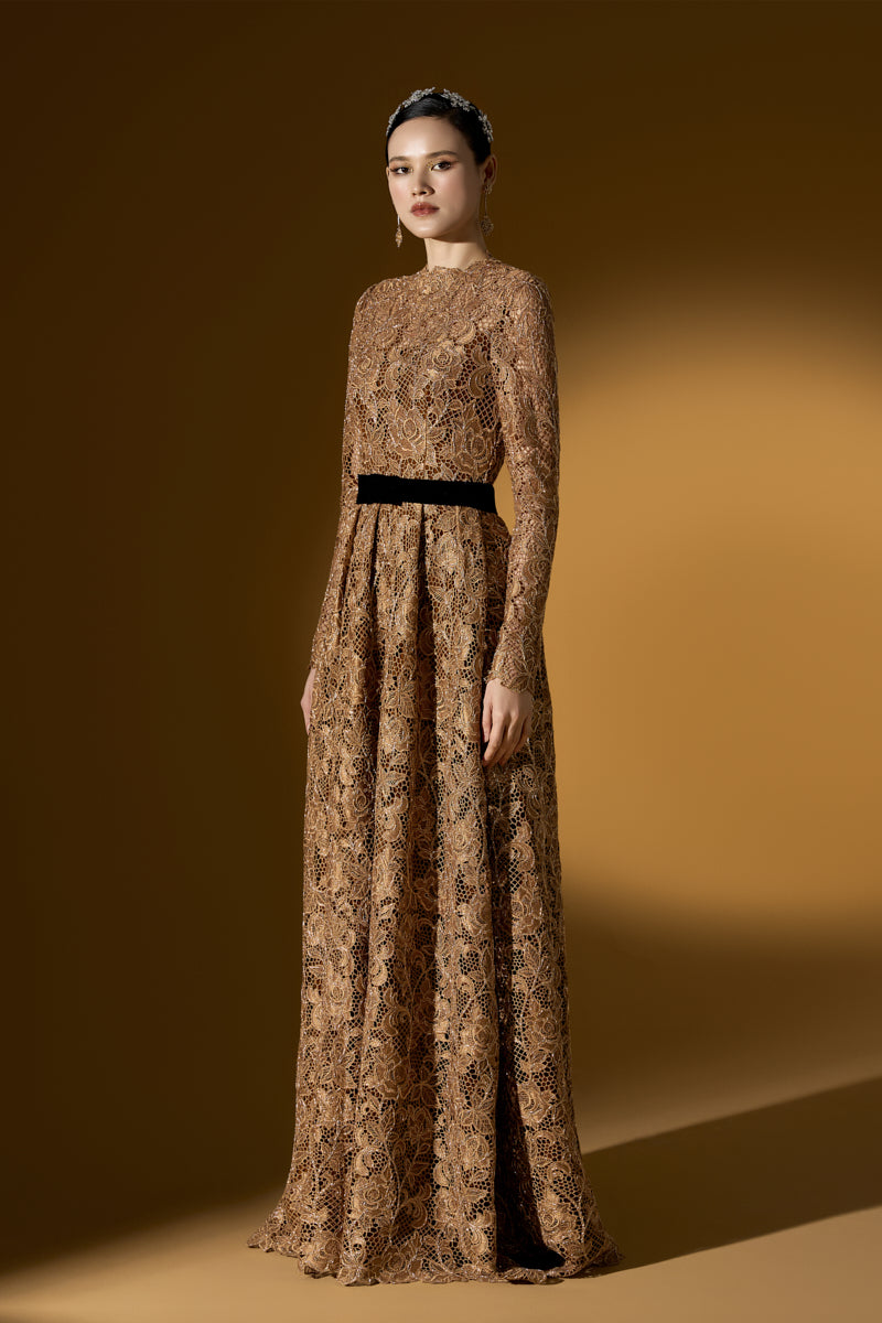 A-Line Round Neck Gown With Long Sleeves