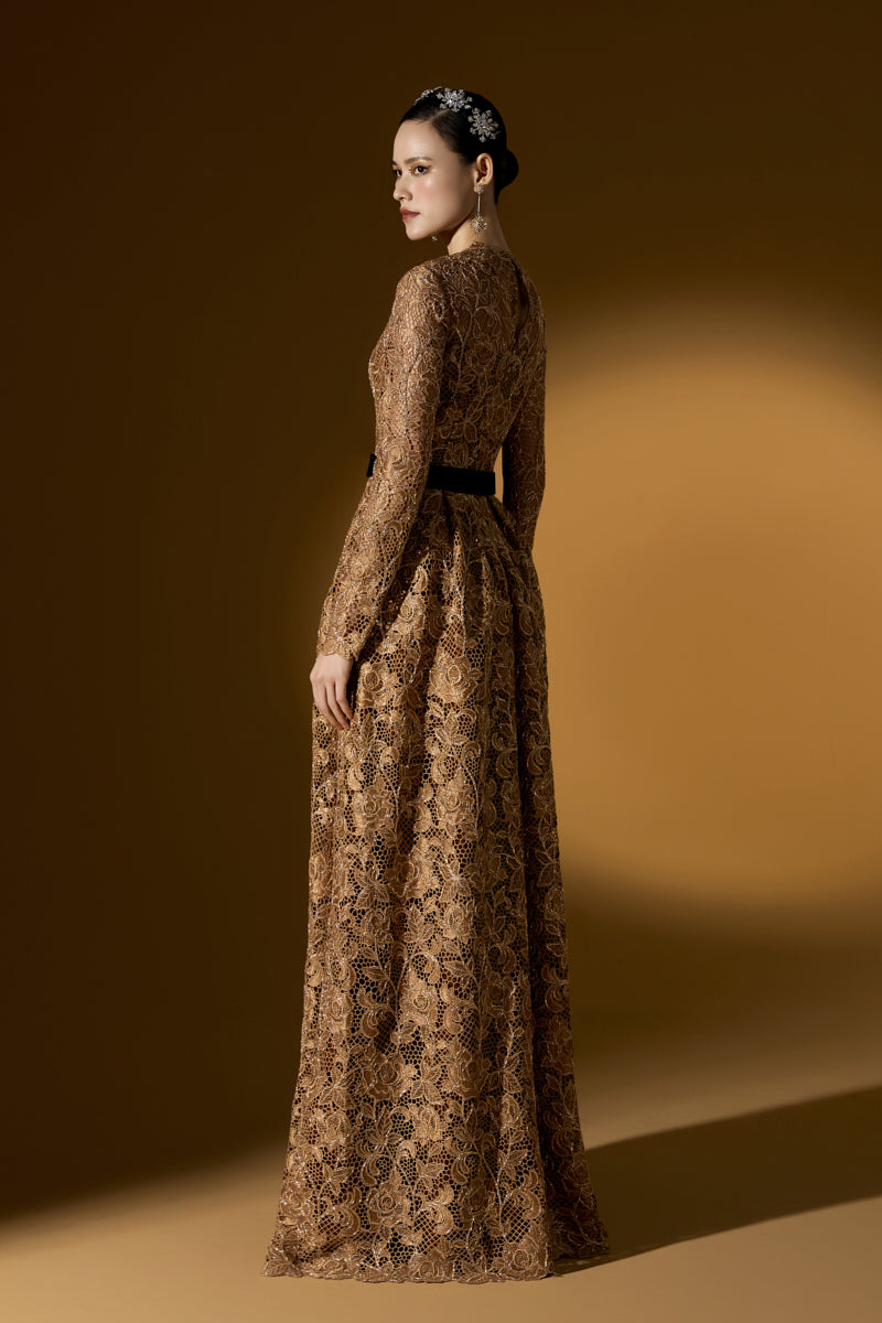 A-Line Round Neck Gown With Long Sleeves