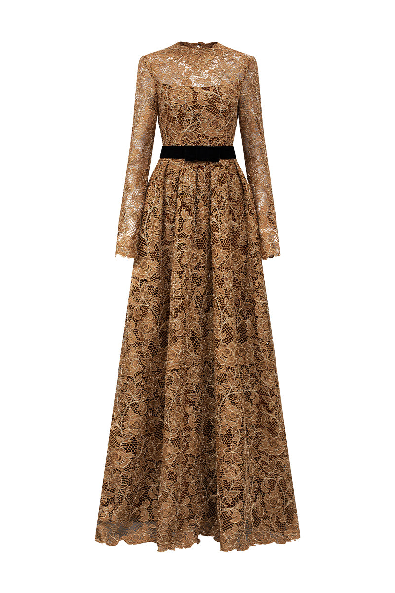 A-Line Round Neck Gown With Long Sleeves