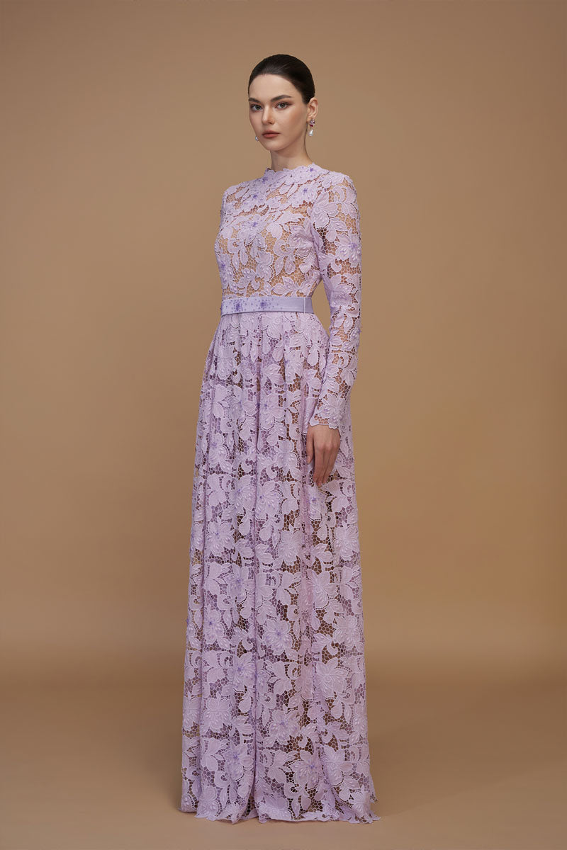 A-Line Round Neck Gown With Long Sleeves In Light Purple Tulip Guipure Lace