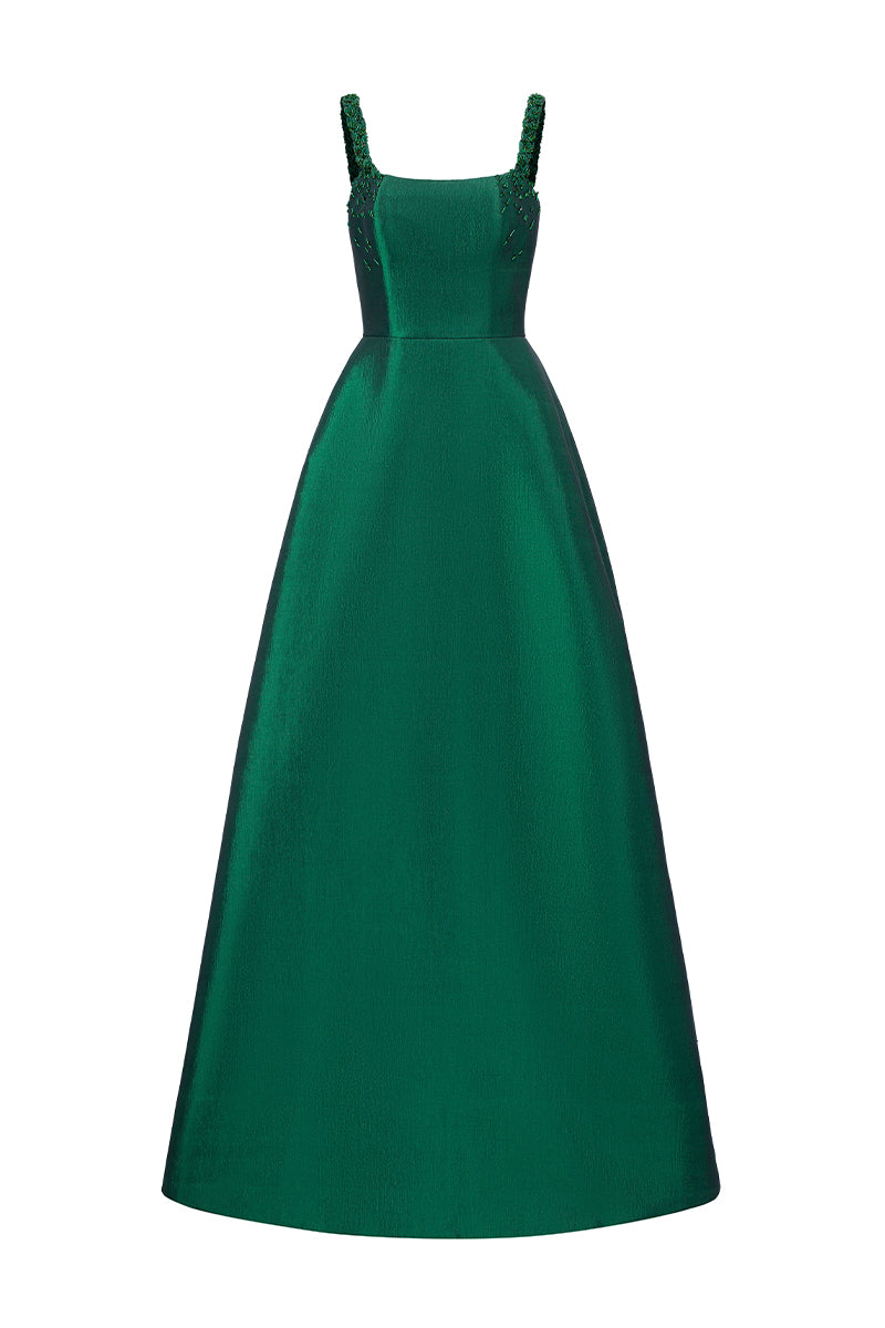A-line Gown With Hand-Braided Strap In Dark Green Taffeta