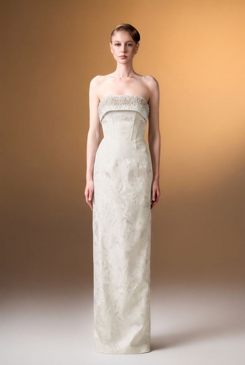Strapless Ballgown In White Rose Design Brocade