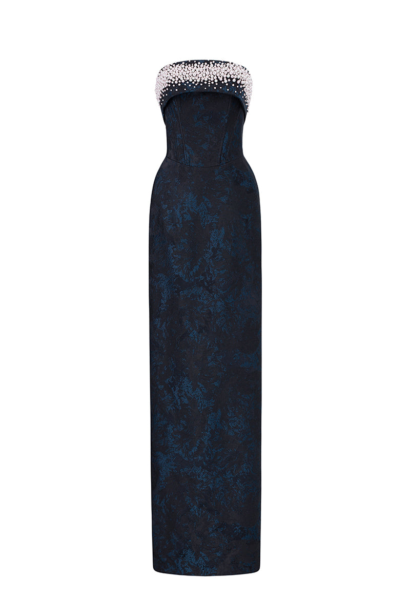Strapless Ballgown In Black Rose Design Brocade