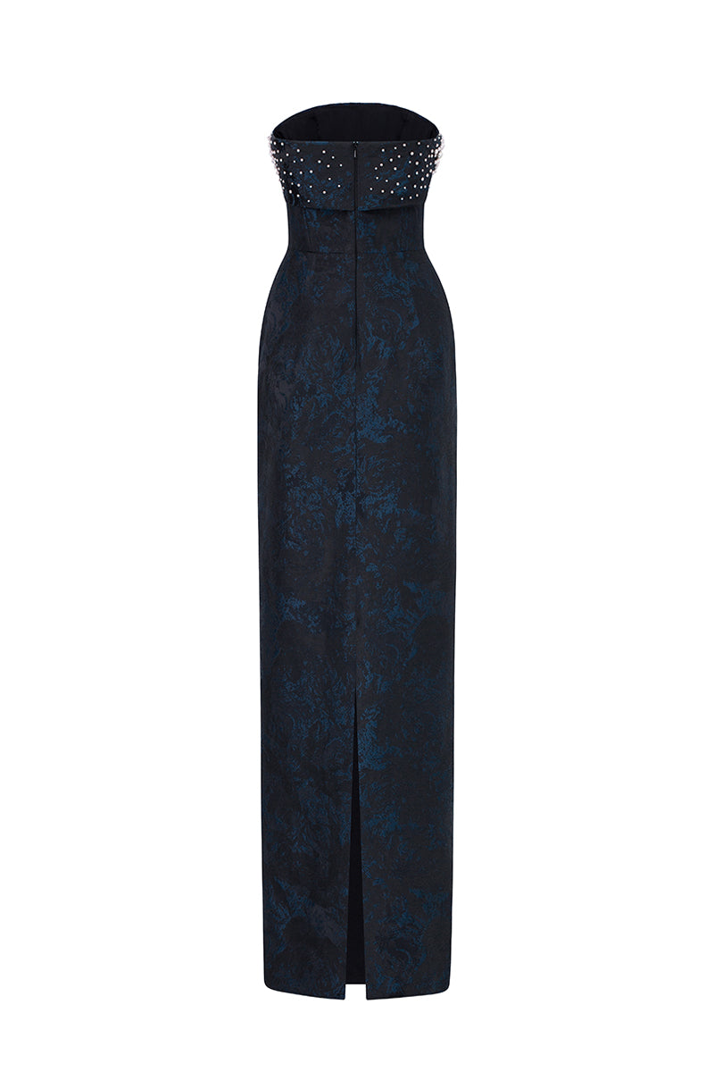 Strapless Ballgown In Black Rose Design Brocade