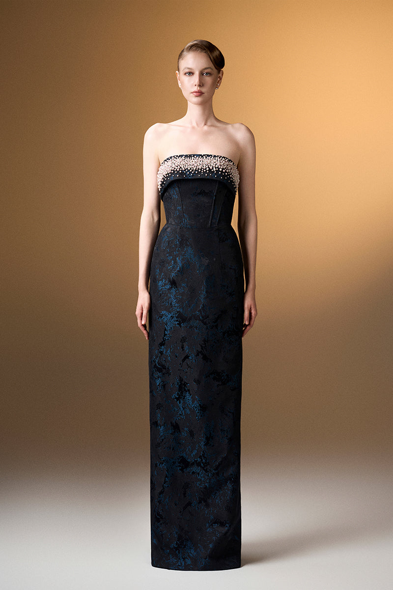 Strapless Ballgown In Black Rose Design Brocade